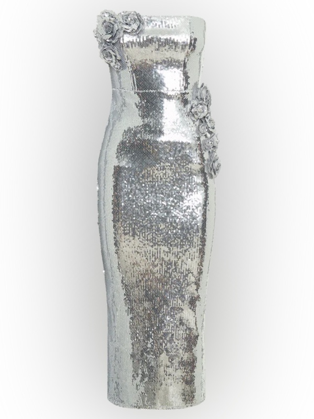 Meshki Silver Strapless Sequin Maxi Dress with Floral Appliqués